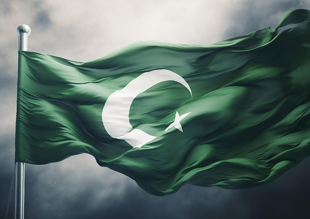 Een Pakistaanse vlag die in de wind zwaait.