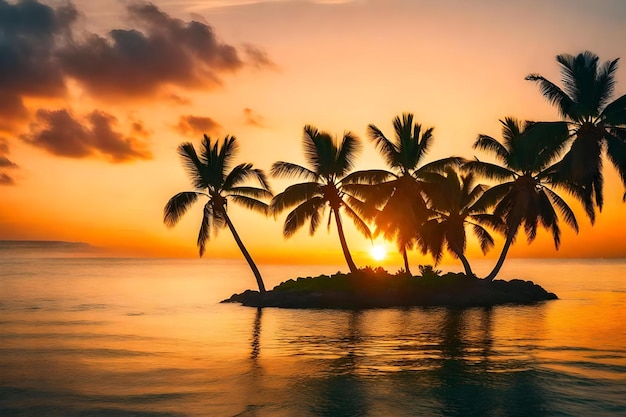 Een palmbomen op een klein eiland met een prachtige zonsondergang op de achtergrond