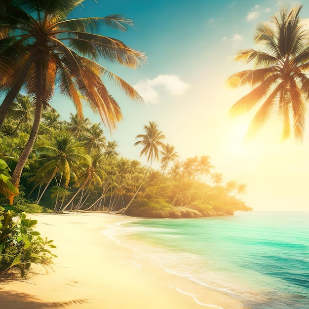 een palmbomen op een strand met helder blauw water
