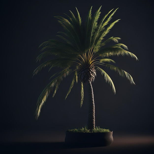 Een palmboom in een pot met een donkere achtergrond.