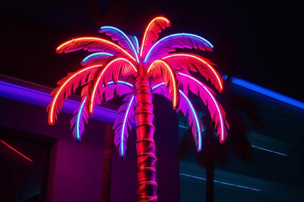 Een palmboom met neonverlichting Rust op de zee en de oceaan Vakantie