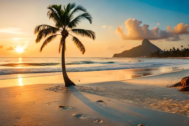 Een palmboom op een strand bij zonsondergang