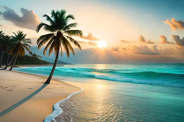 Een palmboom op een strand bij zonsondergang