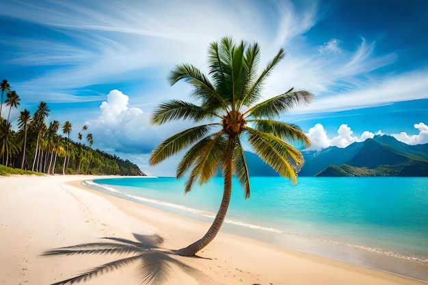 Een palmboom op een strand met bergen op de achtergrond