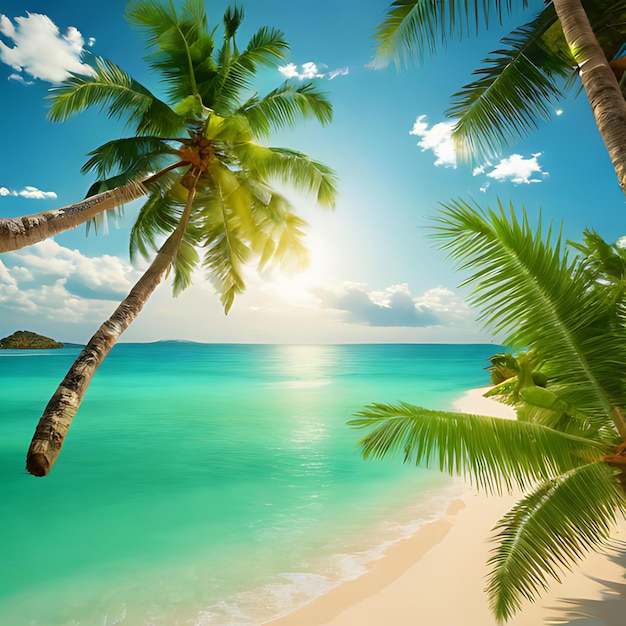 een palmboom op een strand met de zon die door de wolken schijnt