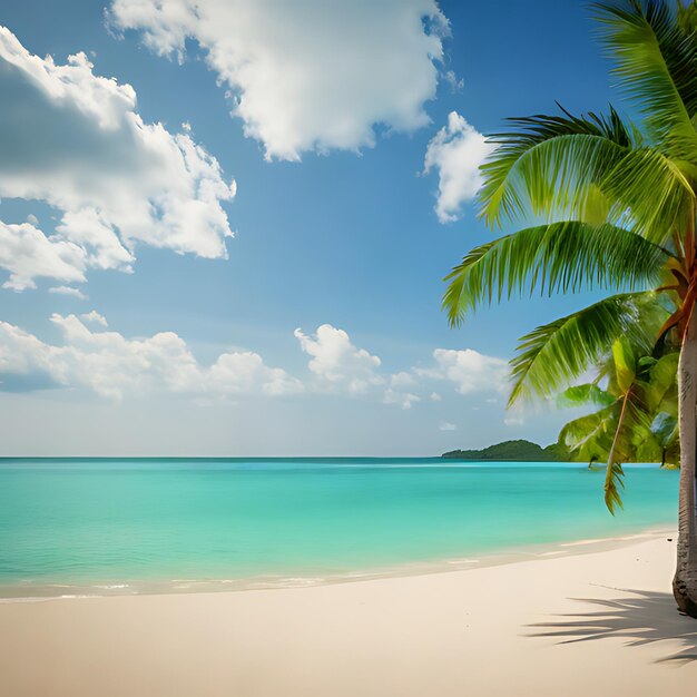 een palmboom op een strand met een blauwe hemel en de oceaan op de achtergrond