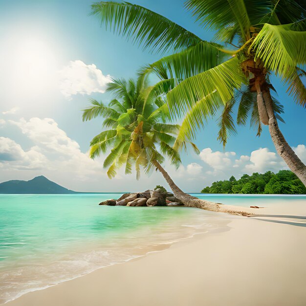 een palmboom op een strand met een blauwe hemel en de oceaan op de achtergrond