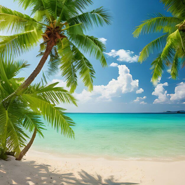 Foto een palmboom op een strand met een blauwe hemel en de oceaan op de achtergrond