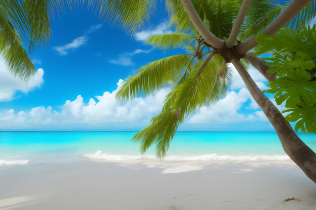 Een palmboom op een strand met een blauwe lucht op de achtergrond