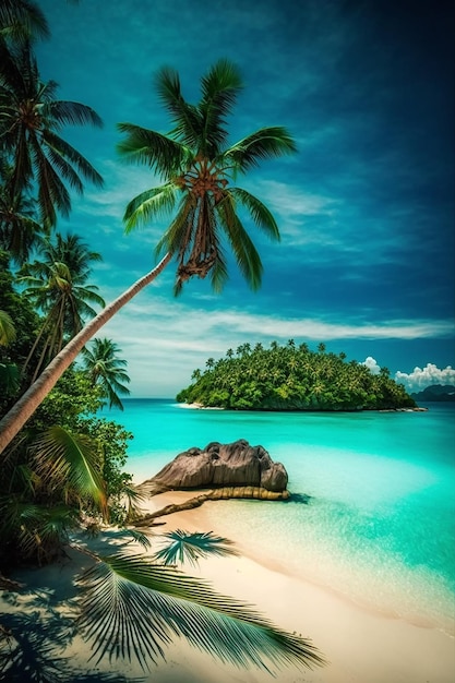 Een palmboom op een strand met een strand op de achtergrond