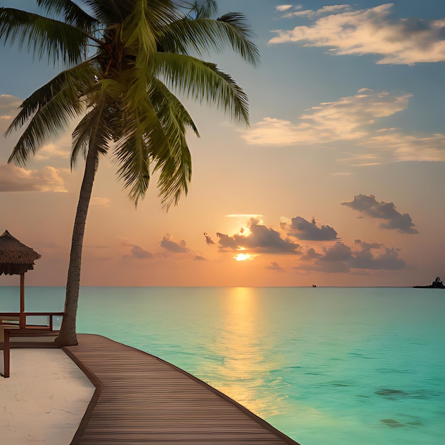 een palmboom op een strand met een zonsondergang op de achtergrond