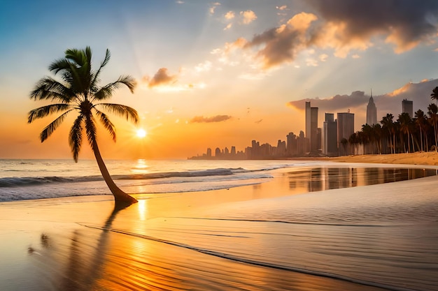 Een palmboom op het strand bij zonsondergang