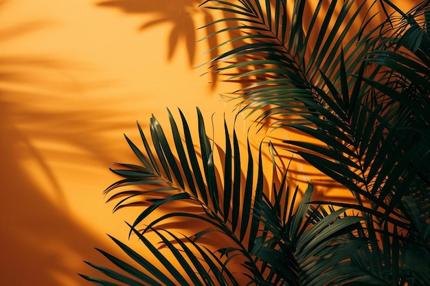 een palmboom werpt een schaduw op een oranje muur