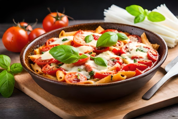 een pan Italiaans gerecht met tomaten en basilicum