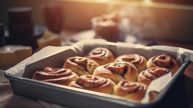 Een pan kaneelbroodjes op tafel