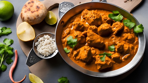 Een pan kip tikka masala met rijst en limoen erbij