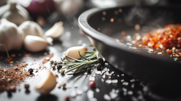 Foto een pan met knoflookzout en specerijen op een tafel ai