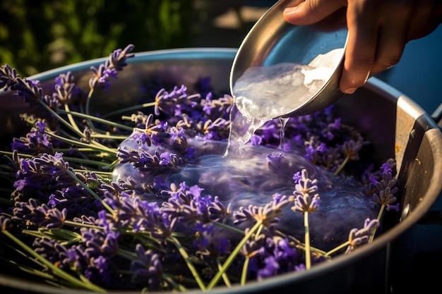 Foto een pan met lavendelbloemen wordt in een pot gegoten.