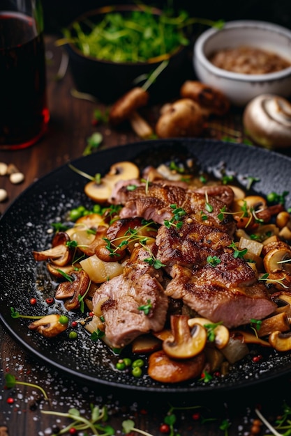 een pan met voedsel met paddenstoelen en paddenstokken