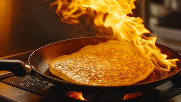 Een pan op het vuur waarin een pannenkoek wordt gekookt