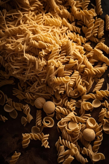 Een pan pasta met daarop een paar kleine ronde stukjes pasta.