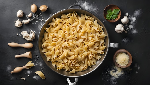 een pan pasta met eieren en paddenstoelen wordt gekookt