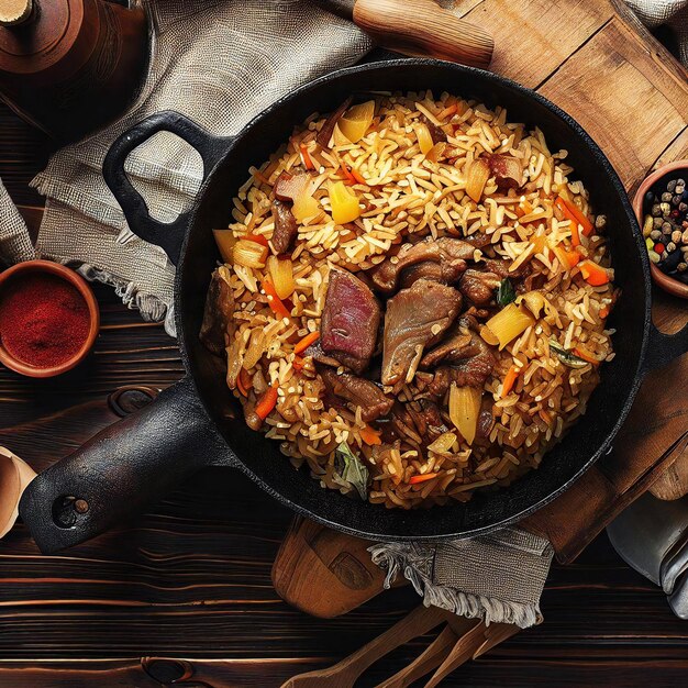 Een pan rijst met vlees en groenten staat op een tafel met houten lepels en een houten lepel.