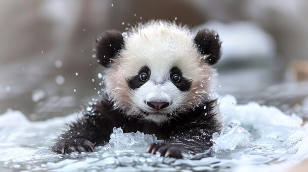 Foto een panda beer zit op een stuk ijs