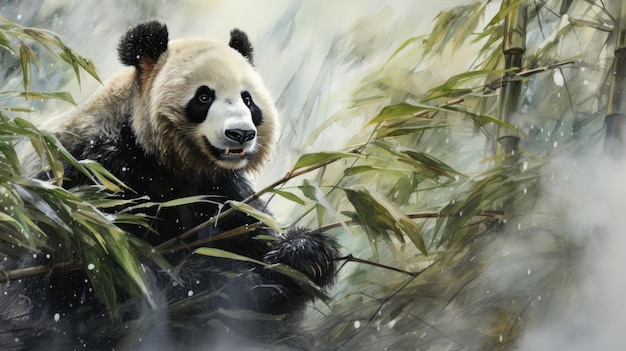 Een panda die bamboe waterverf eet, gestructureerd papier, koele tonen, AI Generatief.