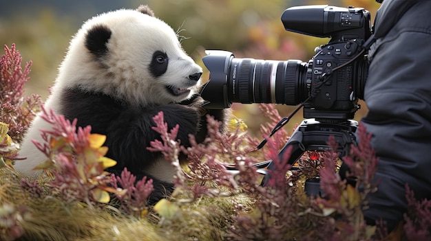 Foto een panda die deelneemt aan de opnames van zijn eigen documentaire hyper real hd 4k