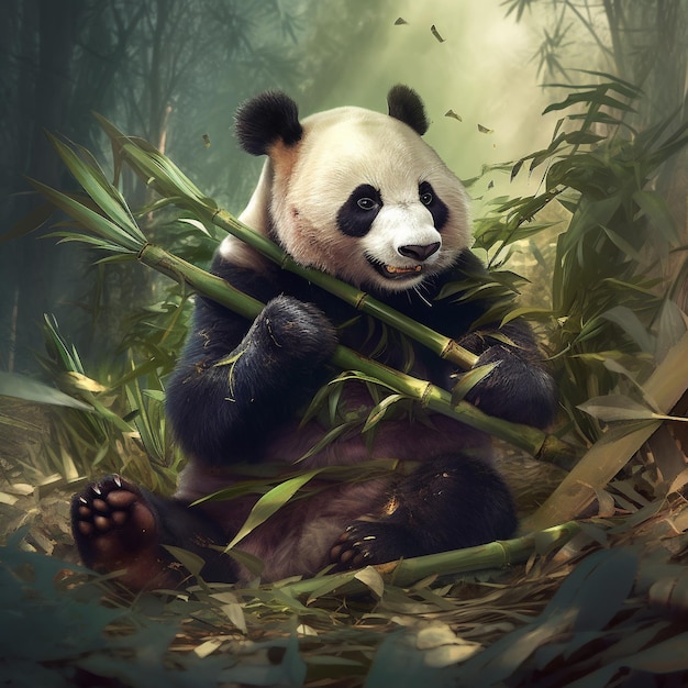 een panda die een bamboe vasthoudt in een bamboebos.