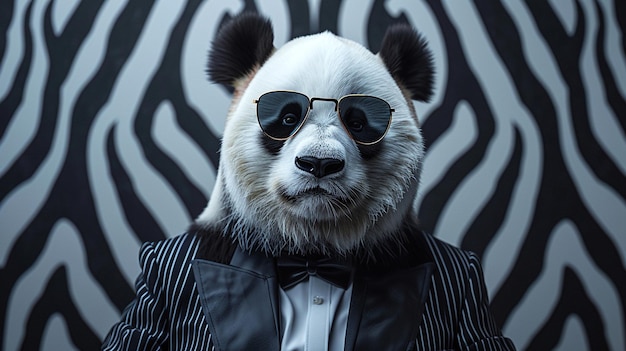 Een panda die een pak en zonnebril draagt met een zebra-print achtergrond
