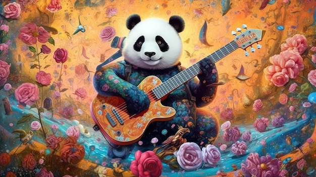 Een panda die gitaar speelt met bloemen erop.