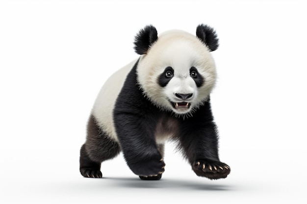 een panda die over een wit oppervlak loopt