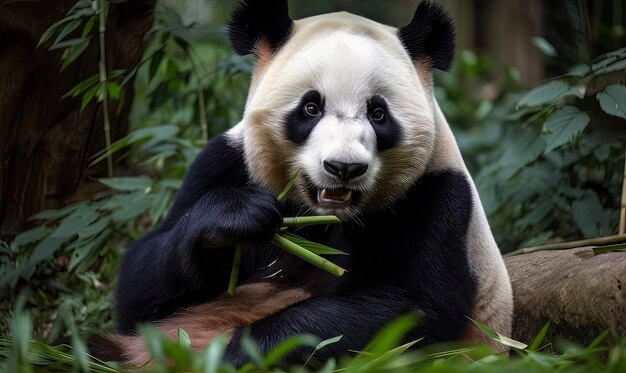 Een panda eet bamboe in een bos.