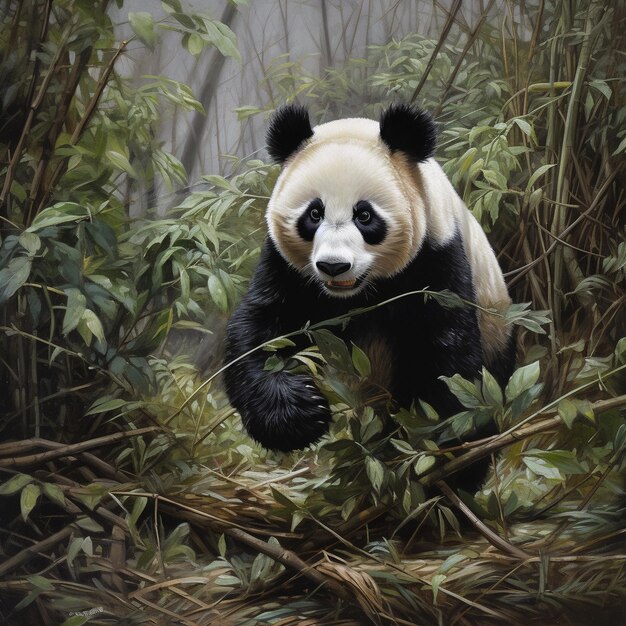 Foto een panda in een bamboebos met bamboe op de achtergrond.