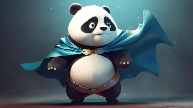 Een panda met een cape en cape staat voor een sterrenhemel.