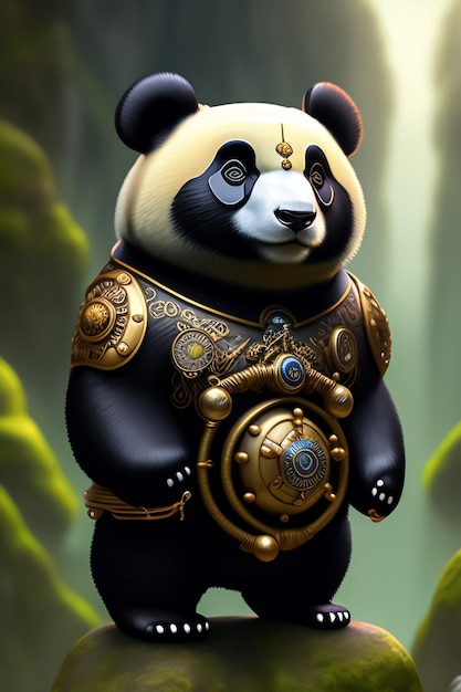 Een panda met een gouden pantser en een schild op zijn borst.