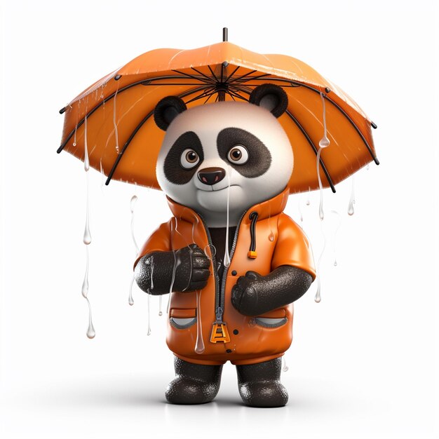 Een panda met een oranje jas en een oranje jas staat voor een witte achtergrond.