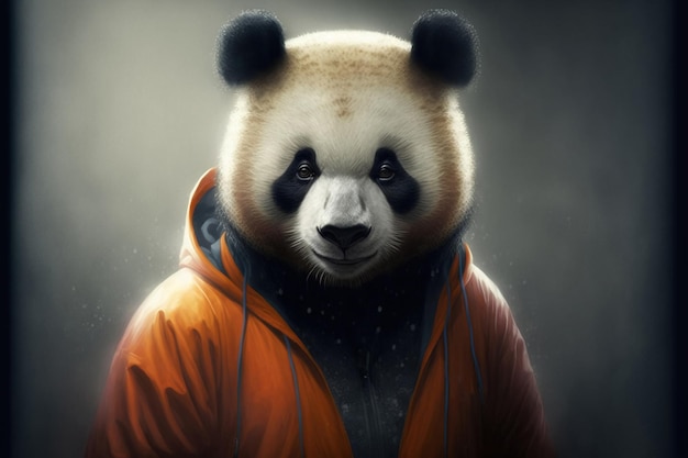 Een panda met een oranje jasje en capuchon