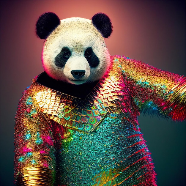 Een panda met een regenboogshirt aan