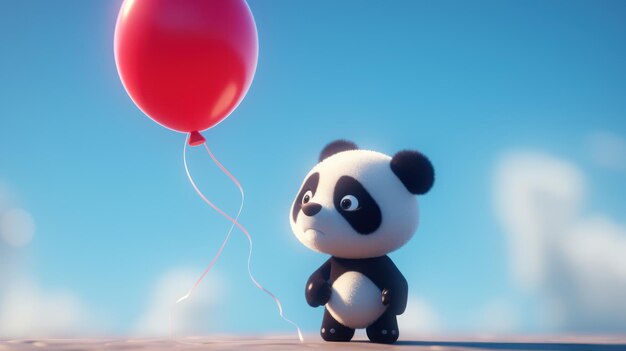 Een panda met een rode ballon in de lucht