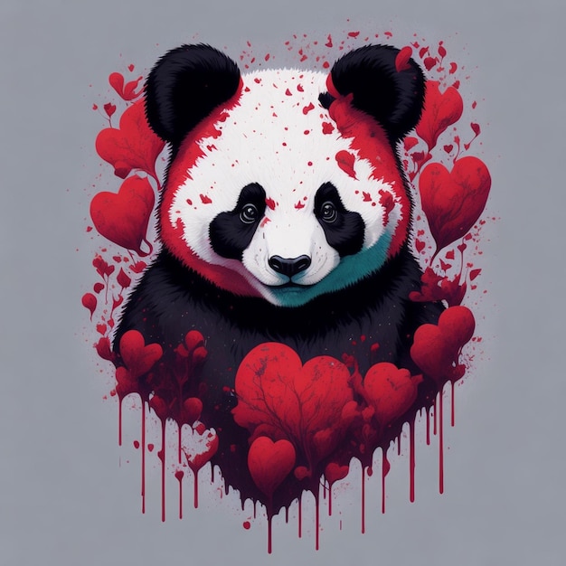 Een panda met een rood hart op zijn gezicht wordt omringd door rode harten.