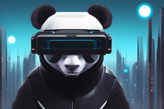 Een panda met een vr-headset staat voor een stadsgezicht.