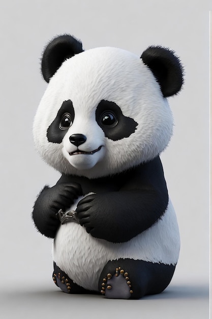 Een panda met een zwart-wit gezicht en zwarte handschoenen die een stuk metaal vasthoudt.