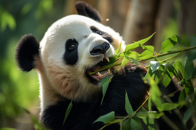 Foto een panda met een zwarte neus en een wit gezicht en zwarte ogen