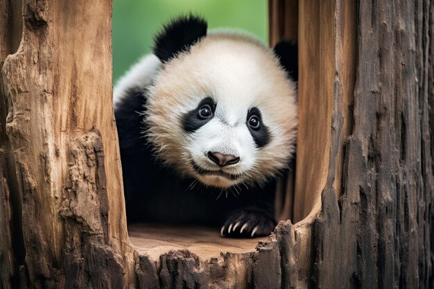 een panda met zwarte ogen en een wit gezicht kijkt uit een gat in een boom