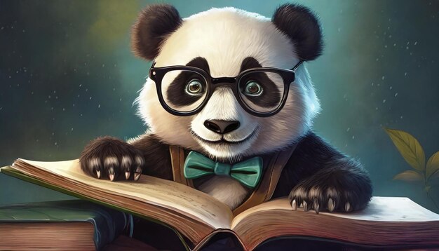 Foto een panda-nerd die boeken leest.