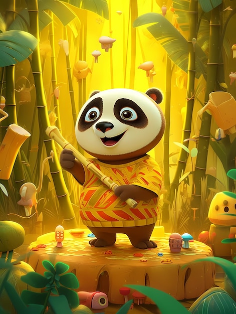 Een panda speelt op een bamboefluit in tekenfilmstijl.