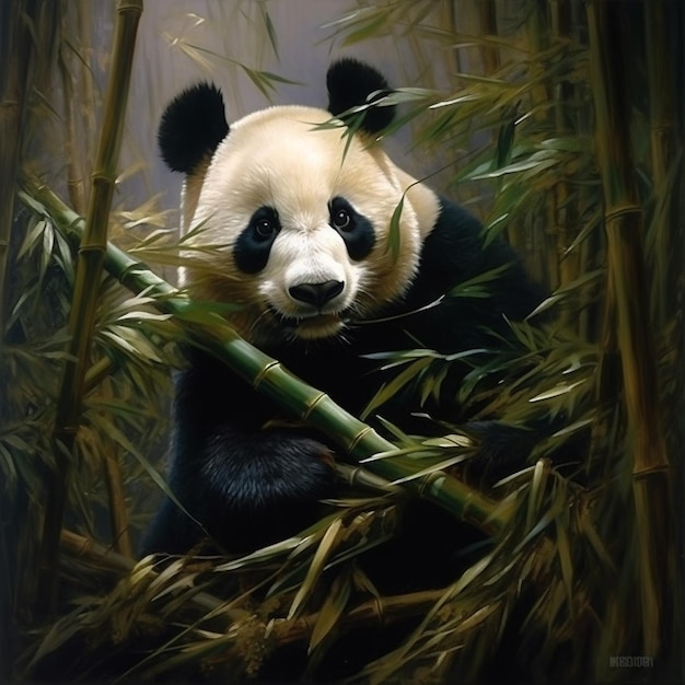 een panda zit in een bamboemand en er zit bamboe in.